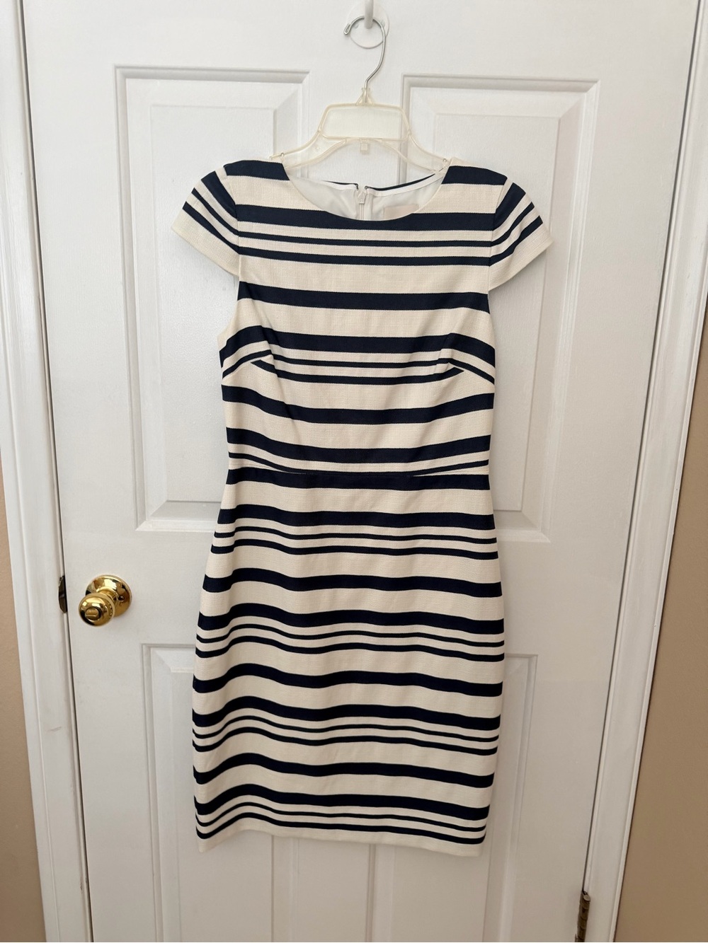J. Crew Navy and White Striped Cap-Sleeve Sheath Dress